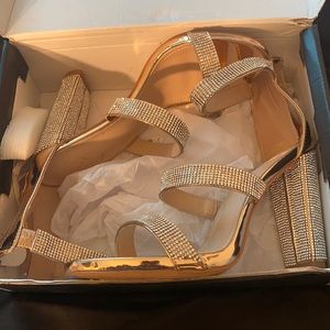 Rose Gold open toe Rhinestone heels.